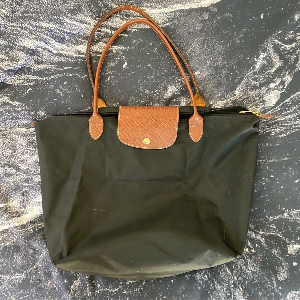 Women’s Longchamp Le Pliage 1948 Nylon Tote Handbag Bag Black Brown Size Large